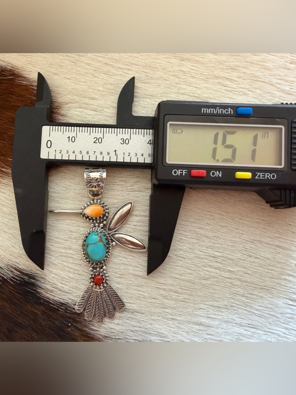 ❤️ Spiny Oyster, Kingman Turquoise Red Coral Hummingbird Navajo Sterling Pendant - Picture 11 of 12